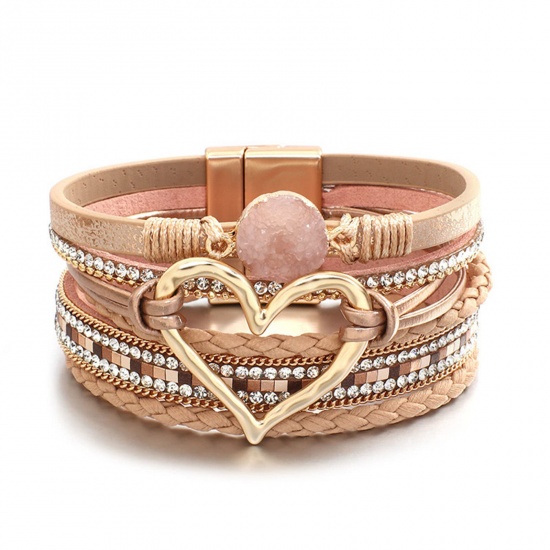 Immagine di 1 Pz PU Cuoio Stile Bohemien Bracciale Multistrato a Strati Oro Placcato Champagne Cuore 19cm Lunghezza