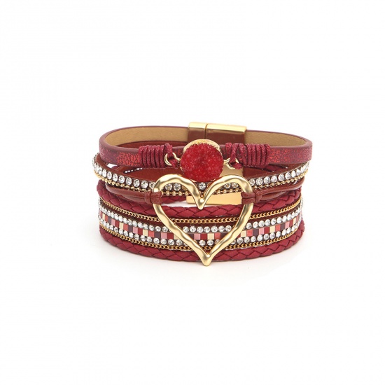 Picture of 1 Piece PU Leather Boho Chic Bohemia Multilayer Layered Bracelet Gold Plated Wine Red Heart 19cm(7 4/8") long