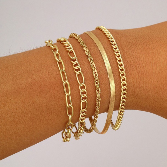 Picture of 1 Set ( 5 PCs/Set) Stylish Bracelets Gold Plated Link Chain 19cm-21cm long
