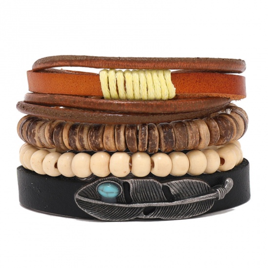 Image de 1 Kit ( 4 Pcs/Kit) Bracelets Tressés Rétro en PU & Bois Brun Plume 17cm-21cm long