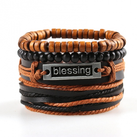 Image de 1 Kit ( 4 Pcs/Kit) Bracelets Tressés Rétro en PU & Bois Brun Rectangle 17cm-21cm long