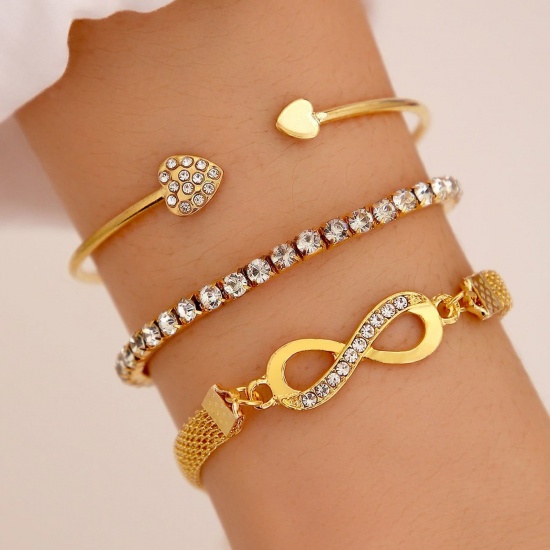 Picture of 1 Set ( 3 PCs/Set) Ins Style Bracelets Gold Plated Infinity Symbol Heart Clear Rhinestone 18cm-19cm long