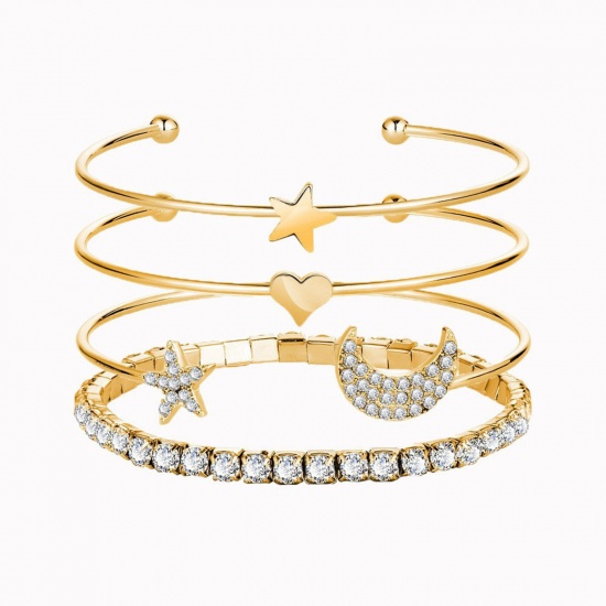 Picture of 1 Set ( 4 PCs/Set) Ins Style Bracelets Gold Plated Half Moon Star Clear Rhinestone 18cm-19cm long