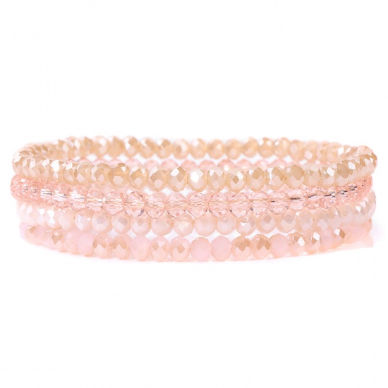 Picture of 1 Set ( 4 PCs/Set) Crystal Simple Dainty Bracelets Delicate Bracelets Beaded Bracelet Pink Elastic 19cm(7 4/8") long