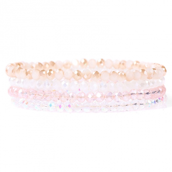 Picture of 1 Set ( 4 PCs/Set) Crystal Simple Dainty Bracelets Delicate Bracelets Beaded Bracelet Light Pink Elastic 19cm(7 4/8") long
