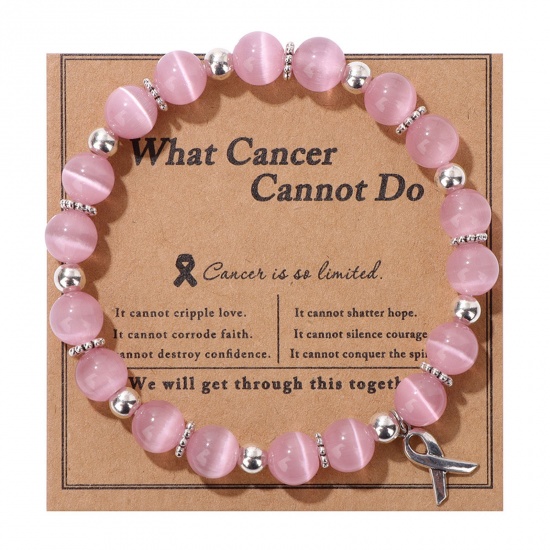 Picture of 1 Piece Stone Women's Dainty Bracelets Delicate Bracelets Beaded Bracelet Pink Ribbon Elastic 19cm(7 4/8") long