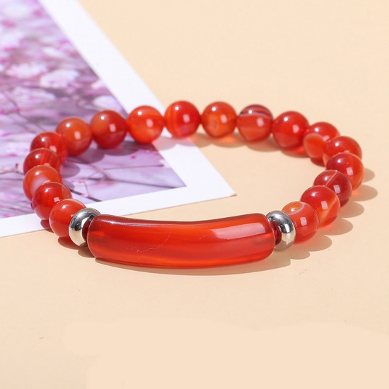 Picture of 1 Piece Agate Boho Chic Bohemia Dainty Bracelets Delicate Bracelets Beaded Bracelet Red Curved Tube Elastic 18cm(7 1/8") long