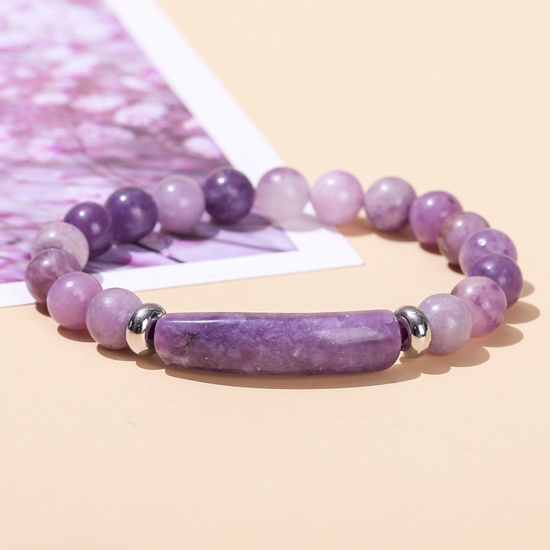 Picture of 1 Piece Stone Boho Chic Bohemia Dainty Bracelets Delicate Bracelets Beaded Bracelet Purple Curved Tube Elastic 18cm(7 1/8") long