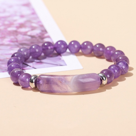 Picture of 1 Piece Amethyst Boho Chic Bohemia Dainty Bracelets Delicate Bracelets Beaded Bracelet Purple Curved Tube Elastic 18cm(7 1/8") long