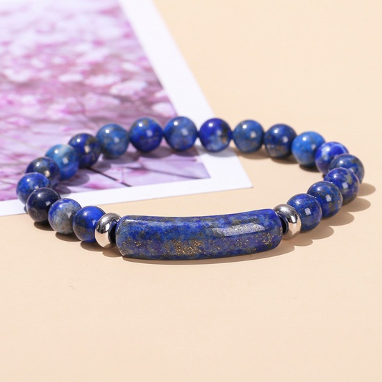Picture of 1 Piece Lapis Lazuli Boho Chic Bohemia Dainty Bracelets Delicate Bracelets Beaded Bracelet Navy Blue Curved Tube Elastic 18cm(7 1/8") long