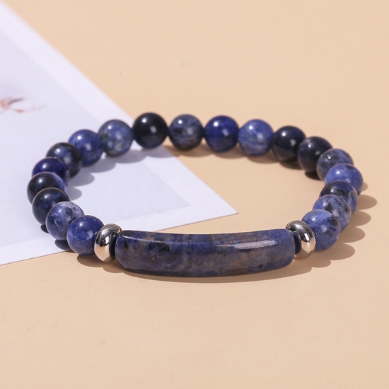Picture of 1 Piece Blue-vein Stone Boho Chic Bohemia Dainty Bracelets Delicate Bracelets Beaded Bracelet Blue Curved Tube Elastic 18cm(7 1/8") long