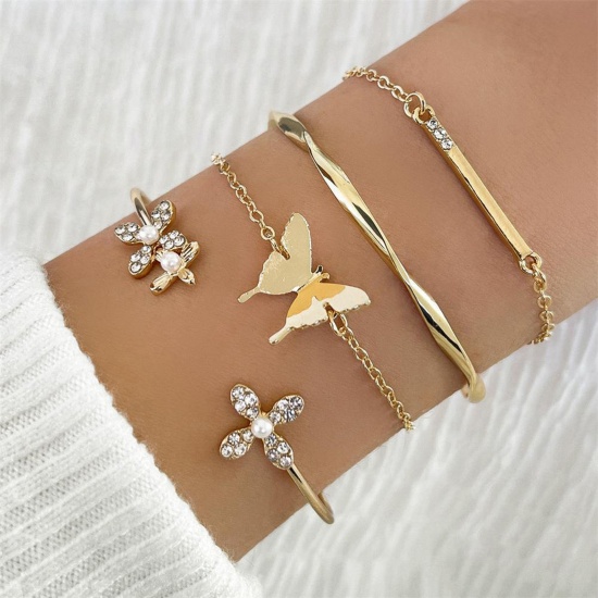 Picture of 1 Set ( 4 PCs/Set) Ins Style Bracelets Gold Plated Cross Butterfly Clear Rhinestone 18cm-19cm long