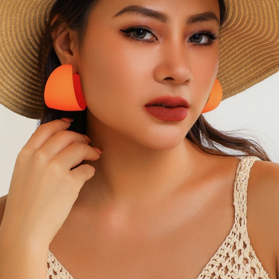 Picture of 1 Pair Stylish Hoop Earrings Orange Painted C Shape 4.5cm
