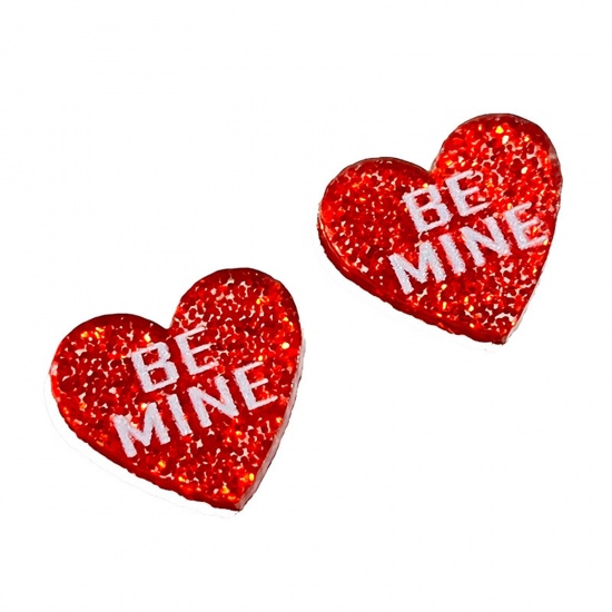 Bild von 1 Paar Acryl Valentinstag Ohrring Ohrstecker Weiß & Rot Herz Message " BE MINE " Glitzert 1.6cm