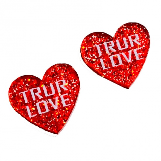 Bild von 1 Paar Acryl Valentinstag Ohrring Ohrstecker Weiß & Rot Herz Message " TRUE STORY " Glitzert 1.6cm