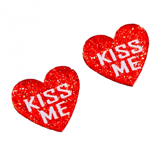 Bild von 1 Paar Acryl Valentinstag Ohrring Ohrstecker Weiß & Rot Herz Message " KISS ME " Glitzert 1.6cm