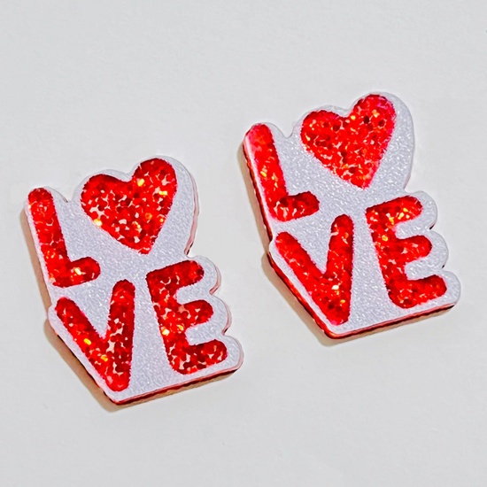 Bild von 1 Paar Acryl Valentinstag Ohrring Ohrstecker Weiß & Rot Herz Message " LOVE " Glitzert 1.6cm