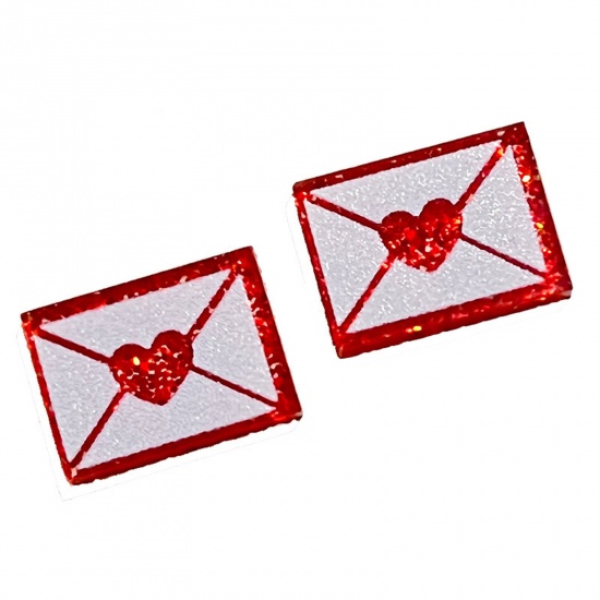 Bild von 1 Paar Acryl Valentinstag Ohrring Ohrstecker Weiß & Rot Briefumschlag Herz Glitzert 1.6cm