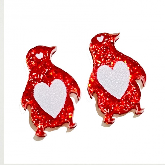 Bild von 1 Paar Acryl Valentinstag Ohrring Ohrstecker Weiß & Rot Pinguin Tier Herz Glitzert 1.6cm