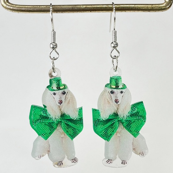 Bild von 1 Paar Acryl St. Parkertag Ohrring Weiß & Grün Hund Schleife 6cm
