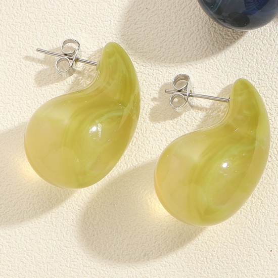 Picture of 1 Pair Resin Cute Ear Post Stud Earrings Yellow-green Cashew Drop 3.3cm x 1.8cm