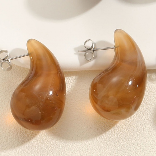 Picture of 1 Pair Resin Cute Ear Post Stud Earrings Coffee Cashew Drop 3.3cm x 1.8cm