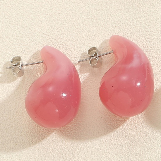 Picture of 1 Pair Resin Cute Ear Post Stud Earrings Peach Pink Cashew Drop 3.3cm x 1.8cm