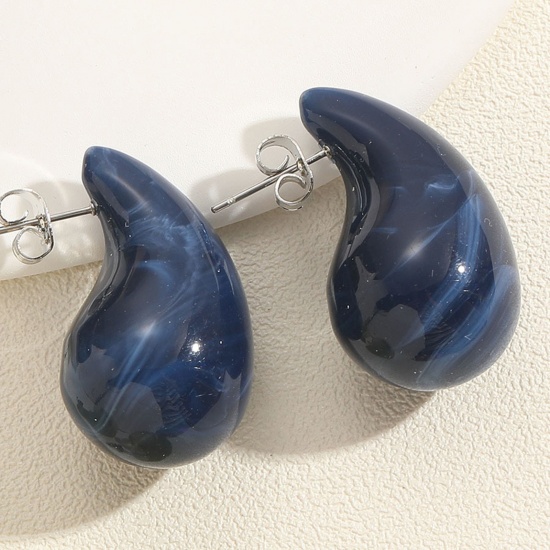 Picture of 1 Pair Resin Cute Ear Post Stud Earrings Royal Blue Cashew Drop 3.3cm x 1.8cm