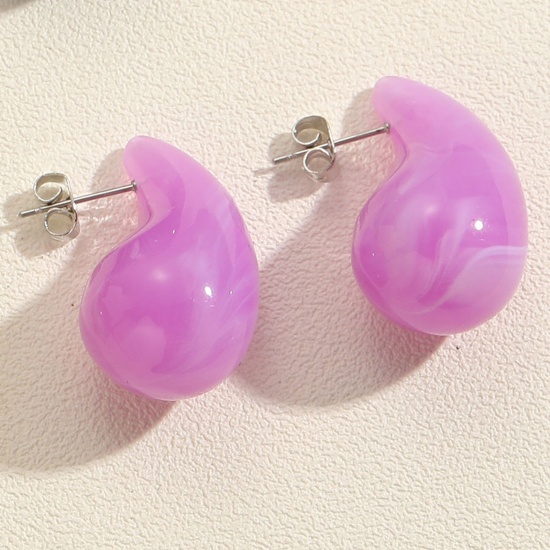 Picture of 1 Pair Resin Cute Ear Post Stud Earrings Pale Lilac Cashew Drop 3.3cm x 1.8cm