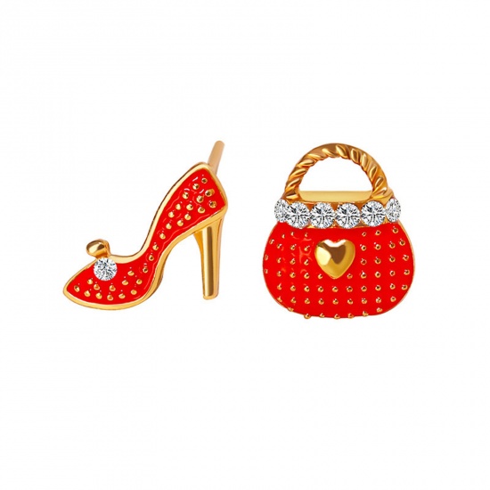 Picture of 1 Pair Stylish Asymmetric Earrings Gold Plated Red Bag High-Heeled Shoes Clear Rhinestone Enamel 1cm-1.4cm