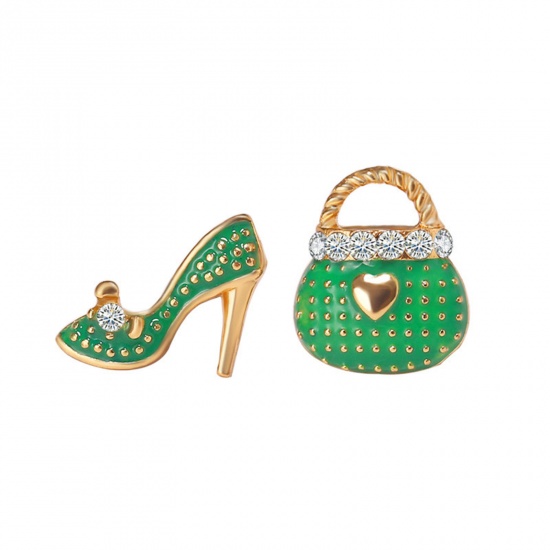 Picture of 1 Pair Stylish Asymmetric Earrings Gold Plated Green Bag High-Heeled Shoes Clear Rhinestone Enamel 1cm-1.4cm