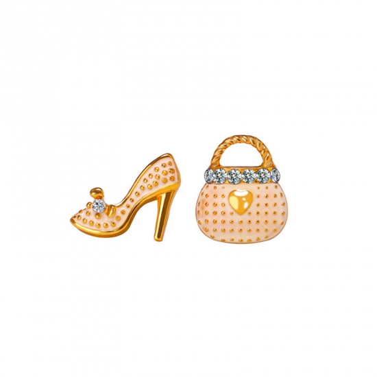Picture of 1 Pair Stylish Asymmetric Earrings Gold Plated White Bag High-Heeled Shoes Clear Rhinestone Enamel 1cm-1.4cm