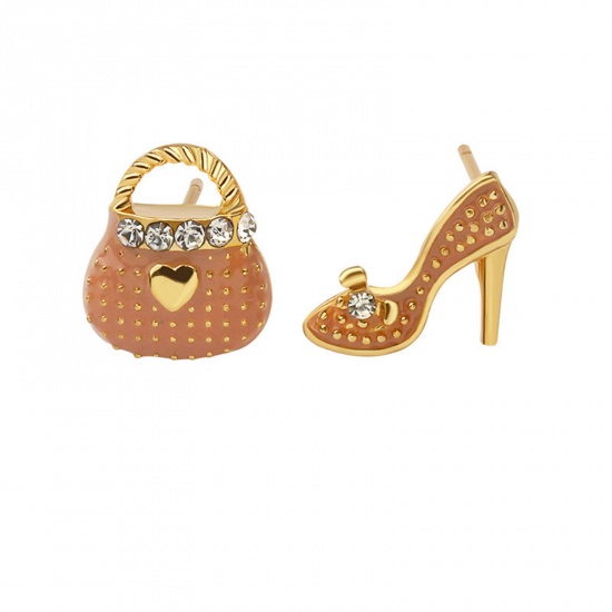 Picture of 1 Pair Stylish Asymmetric Earrings Gold Plated Coffee Bag High-Heeled Shoes Clear Rhinestone Enamel 1cm-1.4cm