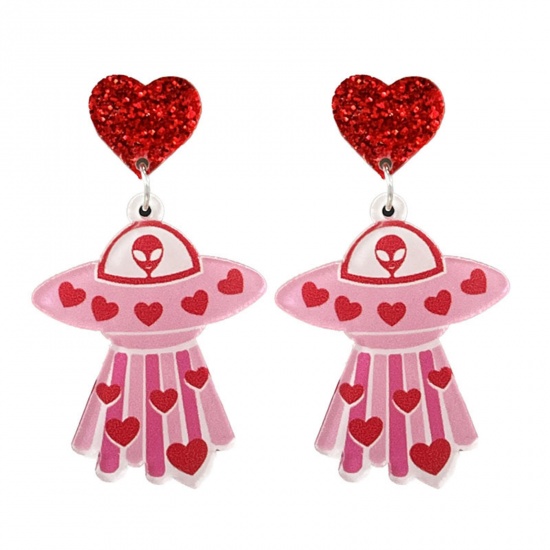 Immagine di 1 Paio Acrilato San Valentino Orecchino Tono Argento Rosso & Rosa Astronave Cuore 4.7cm