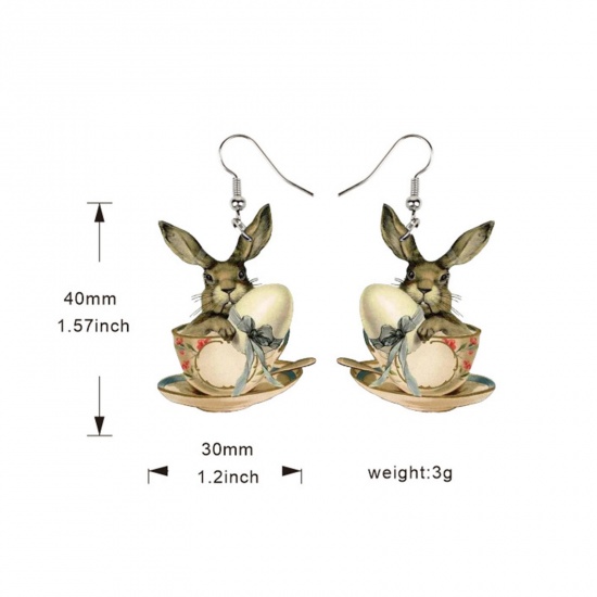 Picture of 1 Pair Wood Easter Day Earrings Multicolor Rabbit Animal Easter Egg 4cm x 3cm