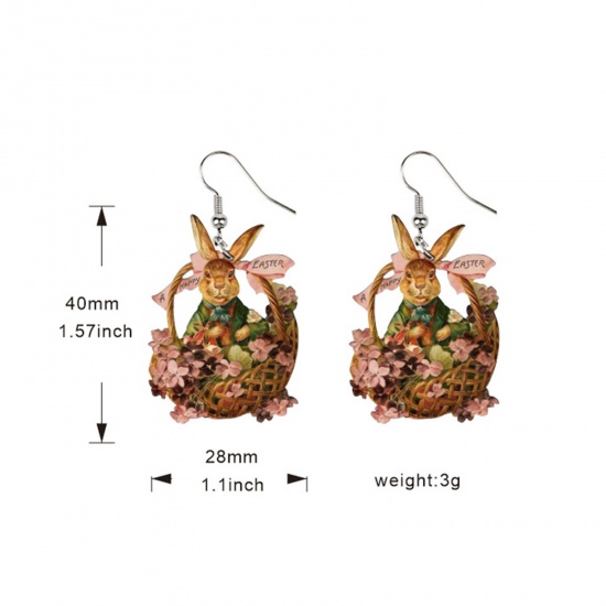 Picture of 1 Pair Wood Easter Day Earrings Multicolor Rabbit Animal Flower Basket 4cm x 2.8cm