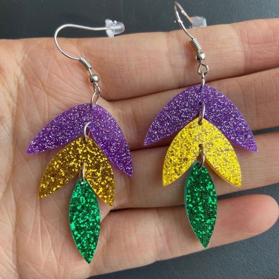 Picture of 1 Pair Acrylic Stylish Earrings Multicolor Leaf 4.1cm x 3cm
