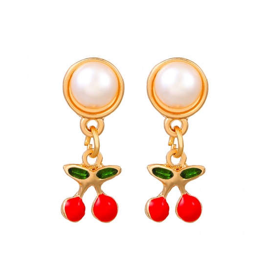 Imagen de 1 Par Estilo Ins Pendientes KC Dorado Rojo Cereza Imitación de perla 3cm