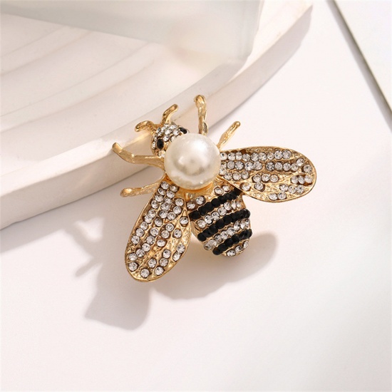 Bild von 1 Stück Insekt Brosche Biene Vergoldet Weiß Imitat Perle Schwarz & Transparent Strass 3.8cm x 3cm