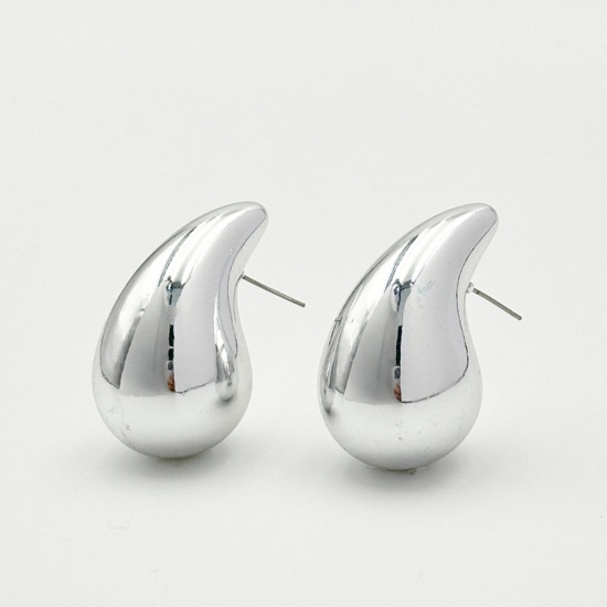 Picture of 1 Pair CCB Plastic Ins Style Ear Post Teardrop Chubby Stud Earrings Silver Plated Cashew Drop 2.3cm