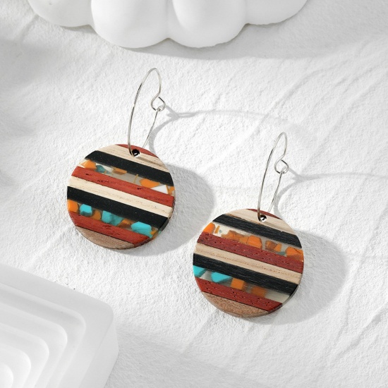 Picture of 1 Pair Resin & Wood Ethnic Earrings Silver Tone Multicolor Round Splicing 5.3cm x 3cm