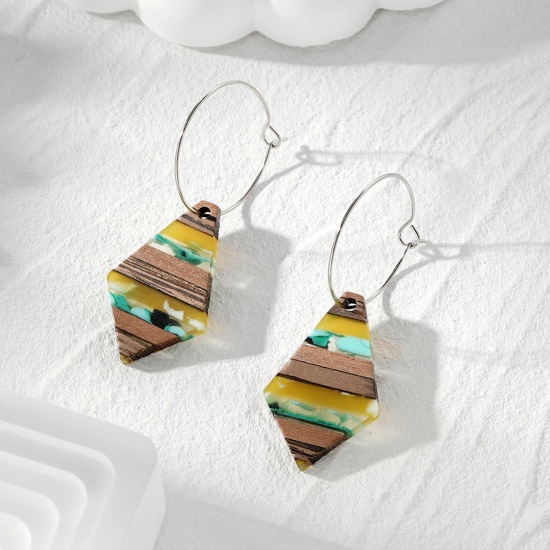 Picture of 1 Pair Resin & Wood Ethnic Earrings Silver Tone Yellow & Blue Rhombus Splicing 5.6cm x 2cm