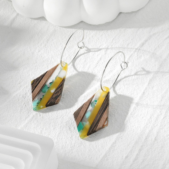 Picture of 1 Pair Resin & Wood Ethnic Earrings Silver Tone Yellow & Blue Rhombus Splicing 5.6cm x 2cm