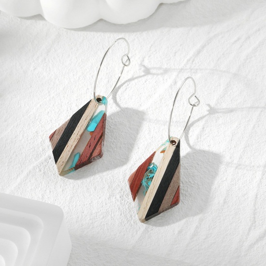 Picture of 1 Pair Resin & Wood Ethnic Earrings Silver Tone Multicolor Rhombus Splicing 5.6cm x 2cm