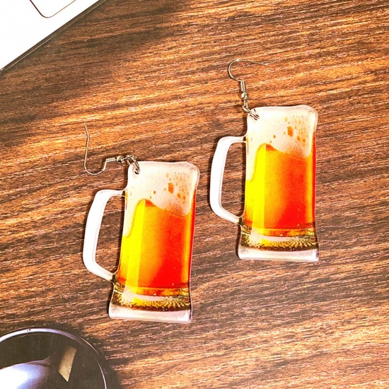 Picture of 1 Pair Acrylic Stylish Thanksgiving's Day Earrings Orange-red Beer Mug 8cm