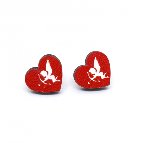 Picture of 1 Pair Wood Valentine's Day Ear Post Stud Earrings White & Red Heart Cupid 1.8cm
