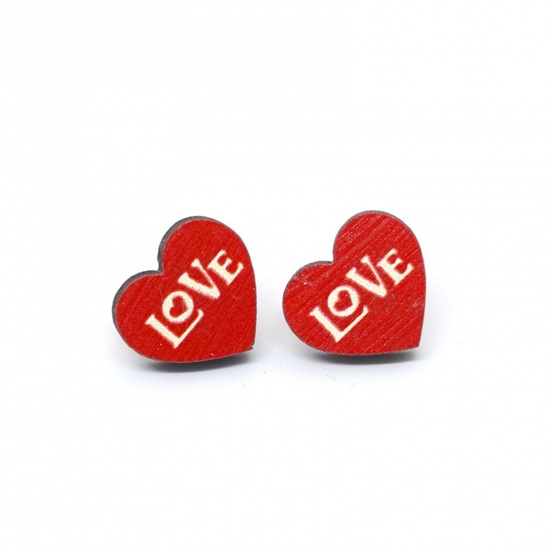 Picture of 1 Pair Wood Valentine's Day Ear Post Stud Earrings White & Red Heart Message " LOVE " 1.8cm