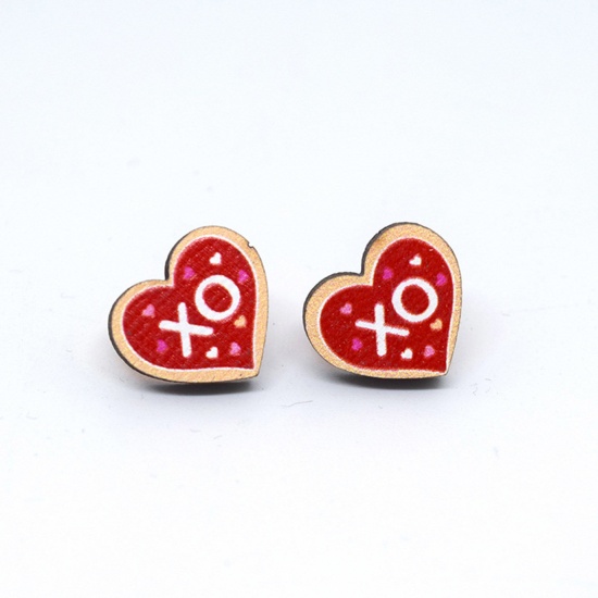 Picture of 1 Pair Wood Valentine's Day Ear Post Stud Earrings White & Red Heart Message " Xoxo " 1.8cm