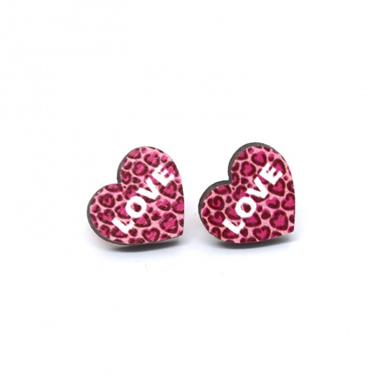 Picture of 1 Pair Wood Valentine's Day Ear Post Stud Earrings White & Fuchsia Heart Leopard Print Message " LOVE " 1.8cm