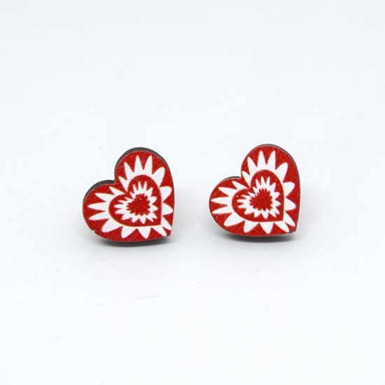 Picture of 1 Pair Wood Valentine's Day Ear Post Stud Earrings White & Red Heart Fireworks 1.8cm
